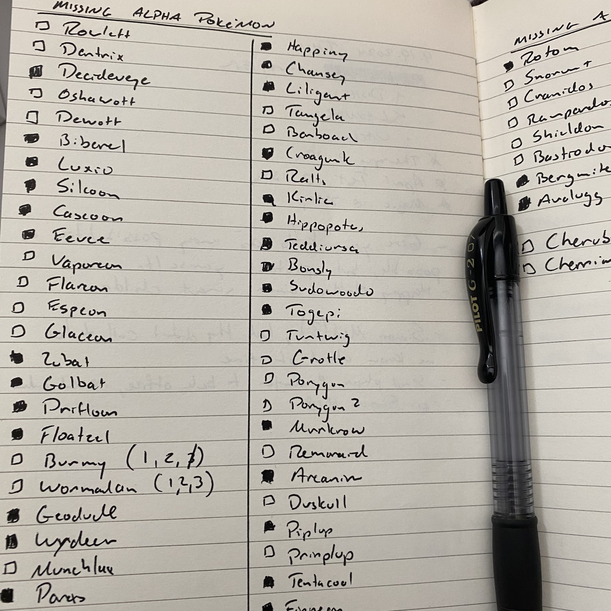 A running list in a notebook of Alpha Pokémon from the game "Pokémon Legends Arceus"