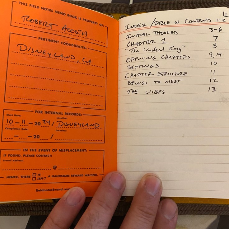 The inside cover of a Field Notes Autumn Trilogy edition designated for the INDEX of a book in progress. 