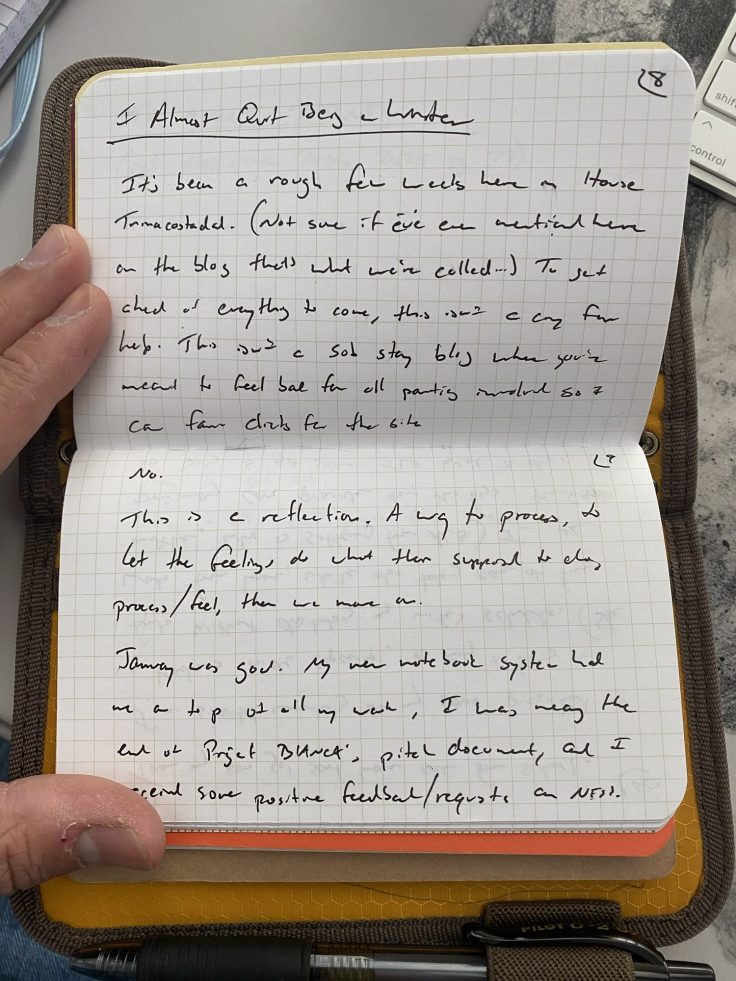 A notebook page with scribbled text that will one day be a blog post about almost quitting writing. 